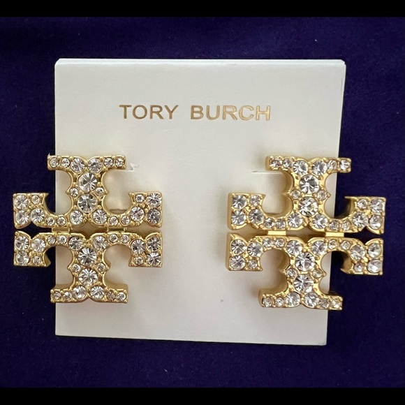 Tory Burch Authentic Kira Crystal Pave Tory Logo Gold Bold Stud Earrings - Picture 9 of 13